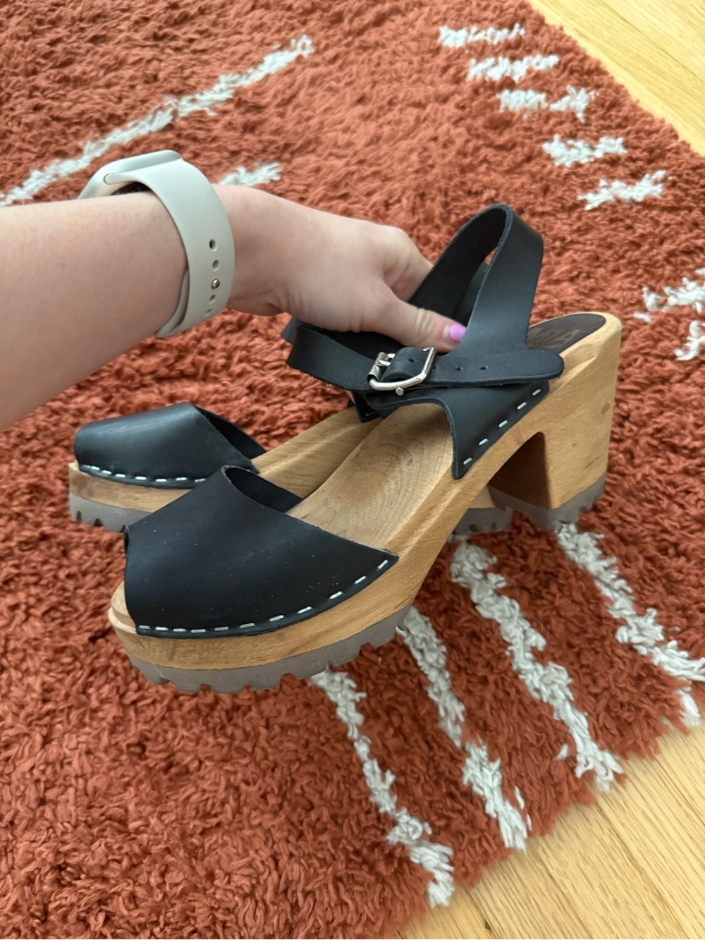 MIA Black Leather Platform Clog Sandals with Wooden Heel - Picture 3 of 6